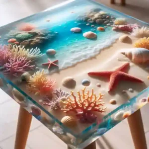 mesa de resina con efecto playa